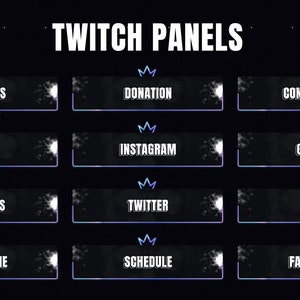 May include: A set of twelve rectangular Twitch panels on a black background, each featuring a blue crown icon at the top. The panels contain white text: PC SPECS, DONATION, CONTACT ME, RULES, INSTAGRAM, GAMES, SETTINGS, TWITTER, FAQ, ABOUT ME, SCHEDULE, FACEBOOK.