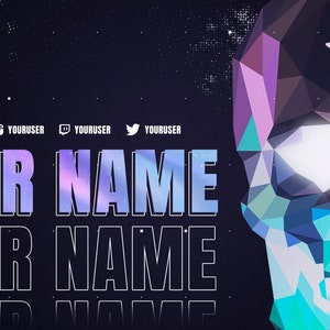May include: A digital banner featuring a low-poly geometric skull in shades of blue, purple, and teal with glowing white eyes and a planet icon on the forehead. The text YOUR NAME appears twice in a gradient font, alongside social media icons and YOURUSER.