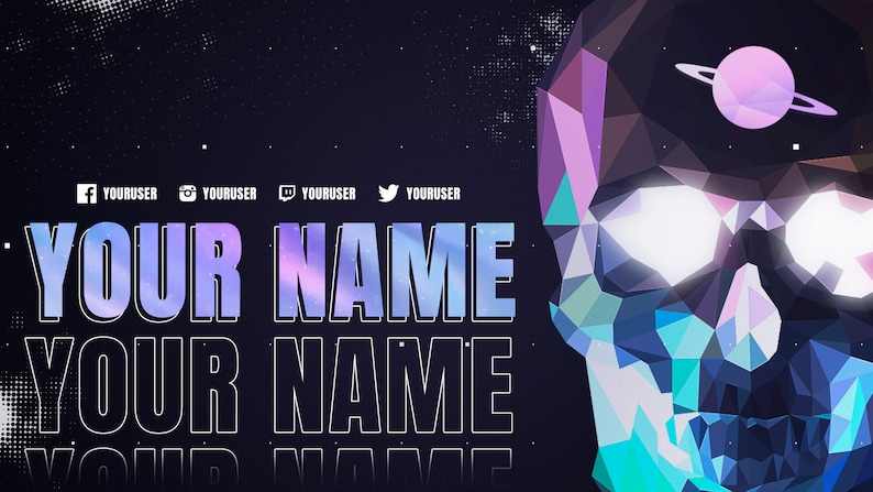 May include: A digital banner featuring a low-poly geometric skull in shades of blue, purple, and teal with glowing white eyes and a planet icon on the forehead. The text YOUR NAME appears twice in a gradient font, alongside social media icons and YOURUSER.