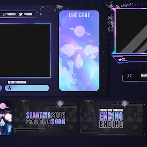 May include: A digital streaming overlay set featuring a dark theme with purple and blue holographic accents. Elements include a webcam frame, live chat box with a skull graphic, social media icons, and text panels labeled PC SPECS, ABOUT ME, DONATION, and SCHEDULE.