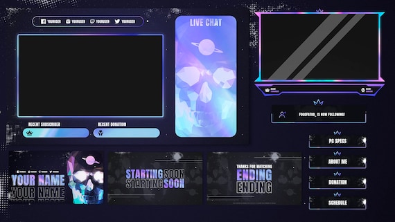 Holographic Animated Stream Overlay Pack, Gradient Webcam Border & Alerts for Streamers