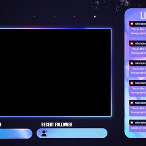 May include: A digital streaming overlay featuring a large black rectangular frame with a glowing blue and purple border. To the right, a vertical live chat box displays the text "LIVE CHAT" and multiple message bubbles with the text "This is the custom CSS chat for the Holographic Animated Package" and "Made by 52HzDesign". Below the frame are two horizontal bars labeled "RECENT SUBSCRIBER" and "RECENT FOLLOWER".