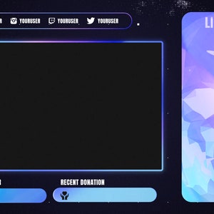 May include: A digital streaming overlay featuring a large rectangular frame with a glowing blue border, a vertical live chat box with a low-poly skull and planet graphic, and labels for social media, recent subscriber, and recent donation.