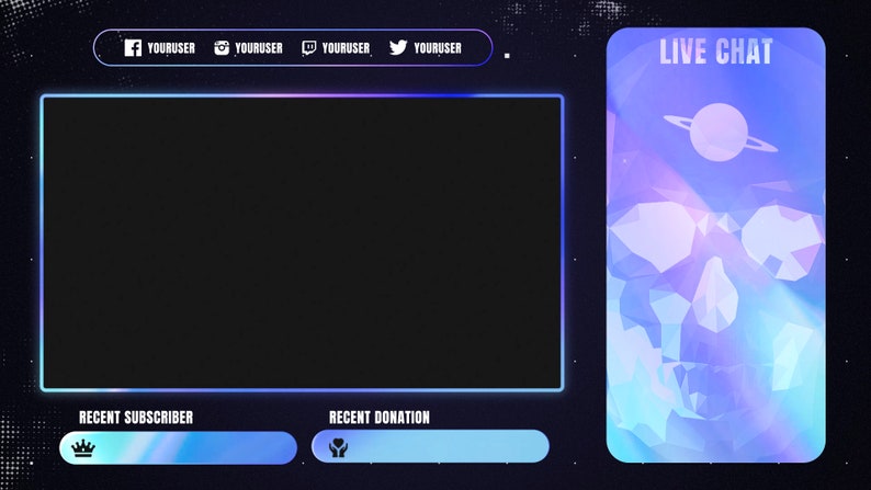 May include: A digital streaming overlay featuring a large rectangular frame with a glowing blue border, a vertical live chat box with a low-poly skull and planet graphic, and labels for social media, recent subscriber, and recent donation.