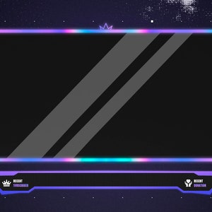May include: A digital streaming overlay featuring a rectangular frame with a glowing neon purple and blue gradient border. Below the main frame is a secondary panel containing the text Recent Subscriber with a crown icon and Recent Donation with a heart icon.