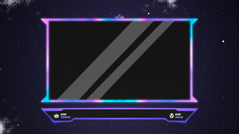 May include: A digital streaming overlay featuring a rectangular frame with a glowing neon purple and blue gradient border. Below the main frame is a secondary panel containing the text Recent Subscriber with a crown icon and Recent Donation with a heart icon.