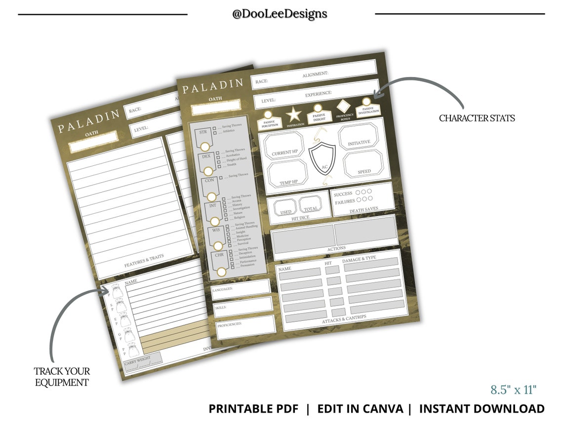 Paladin Editable DND 5E Character Sheet | Edit in Canva | 4 Pages - Etsy