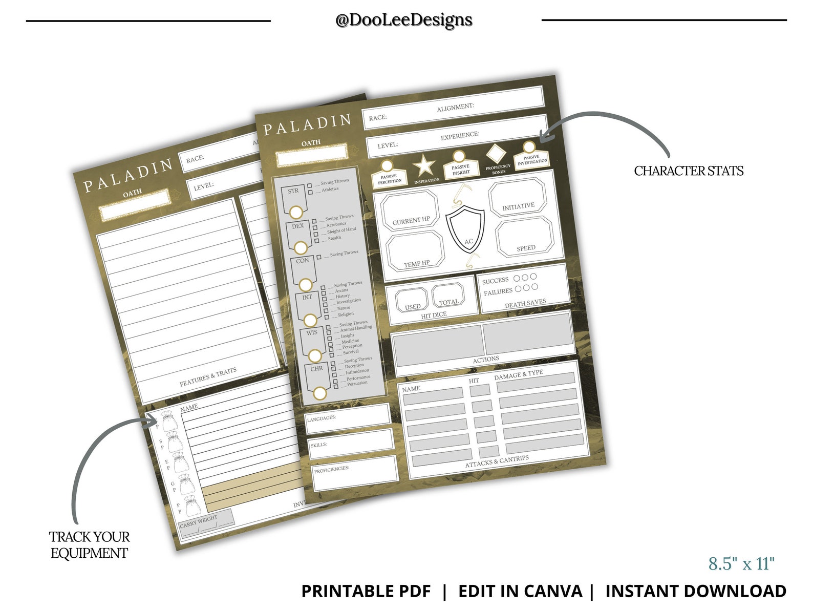 Paladin Editable DND 5E Character Sheet | Edit in Canva | 4 Pages - Etsy
