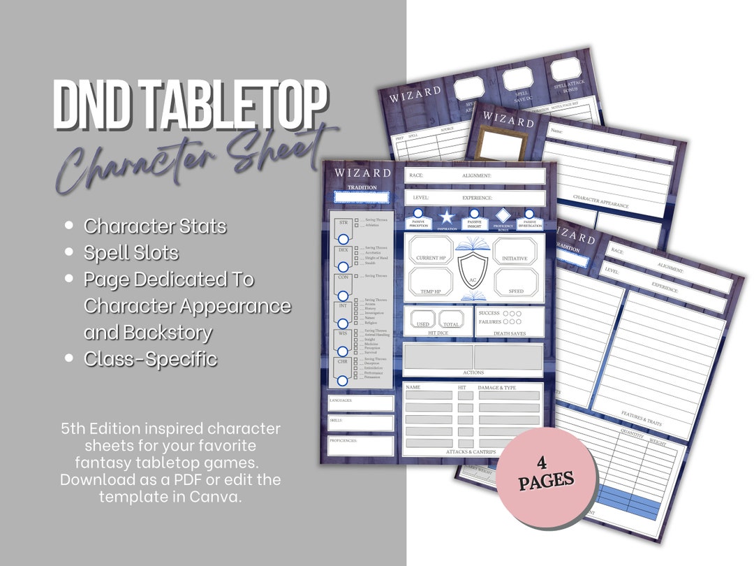 Wizard Editable DND 5E Character Sheet | Edit in Canva | 4 Pages - Etsy
