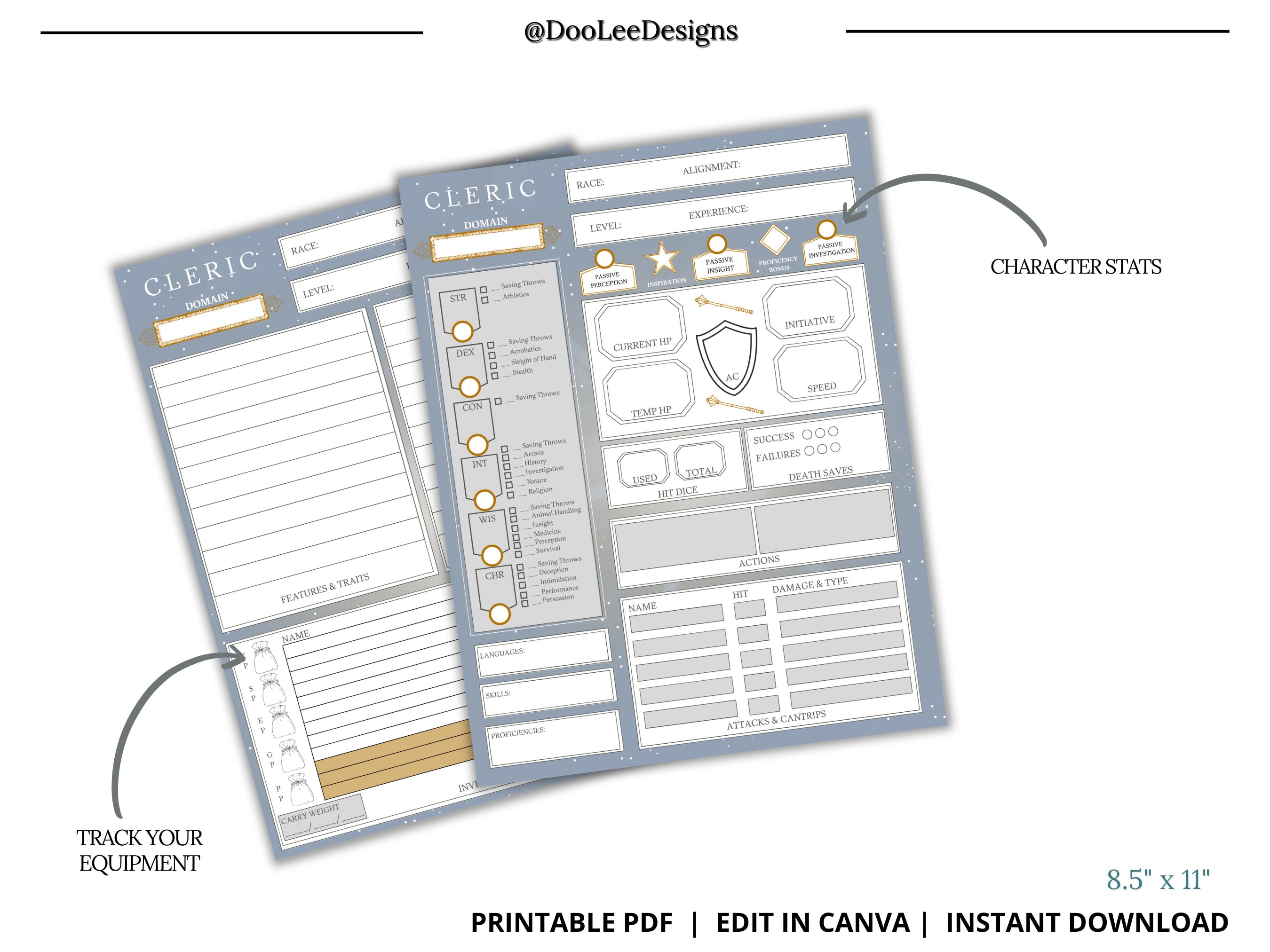 Cleric Editable DND 5E Character Sheet Edit in Canva 4 Pages - Etsy