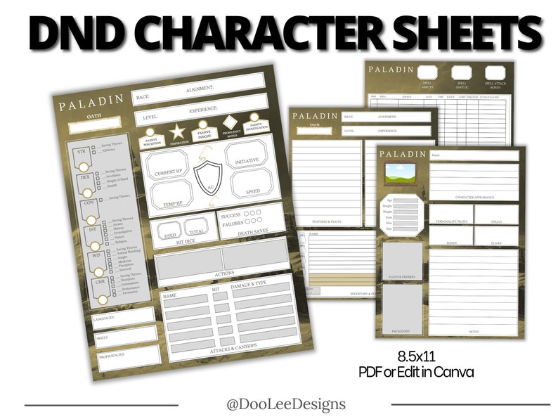 Paladin Editable DND 5E Character Sheet | Edit in Canva | 4 Pages - Etsy