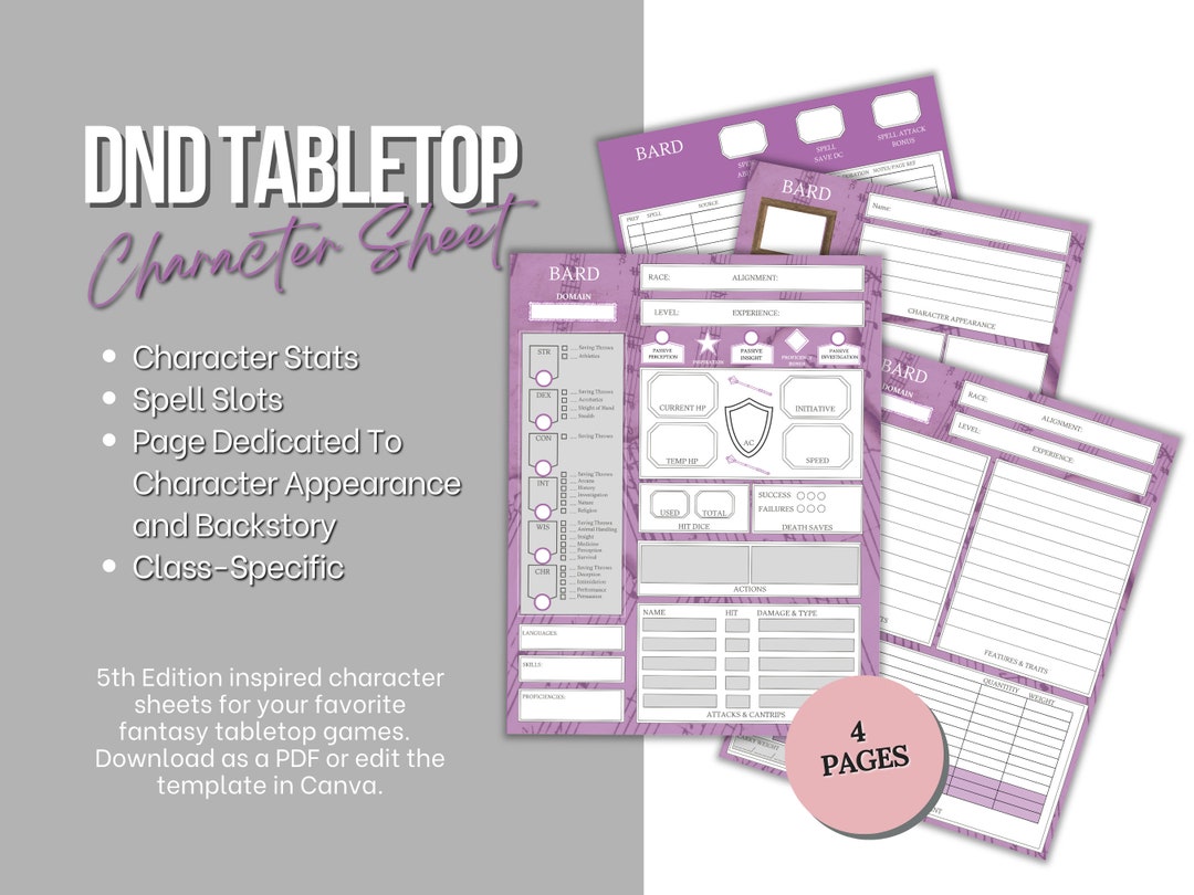 Bard Editable DND 5E Character Sheet Edit in Canva 4 Pages - Etsy UK