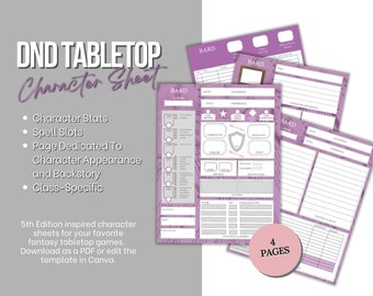 Bard Editable DND 5E Character Sheet | Edit In Canva | 4 Pages