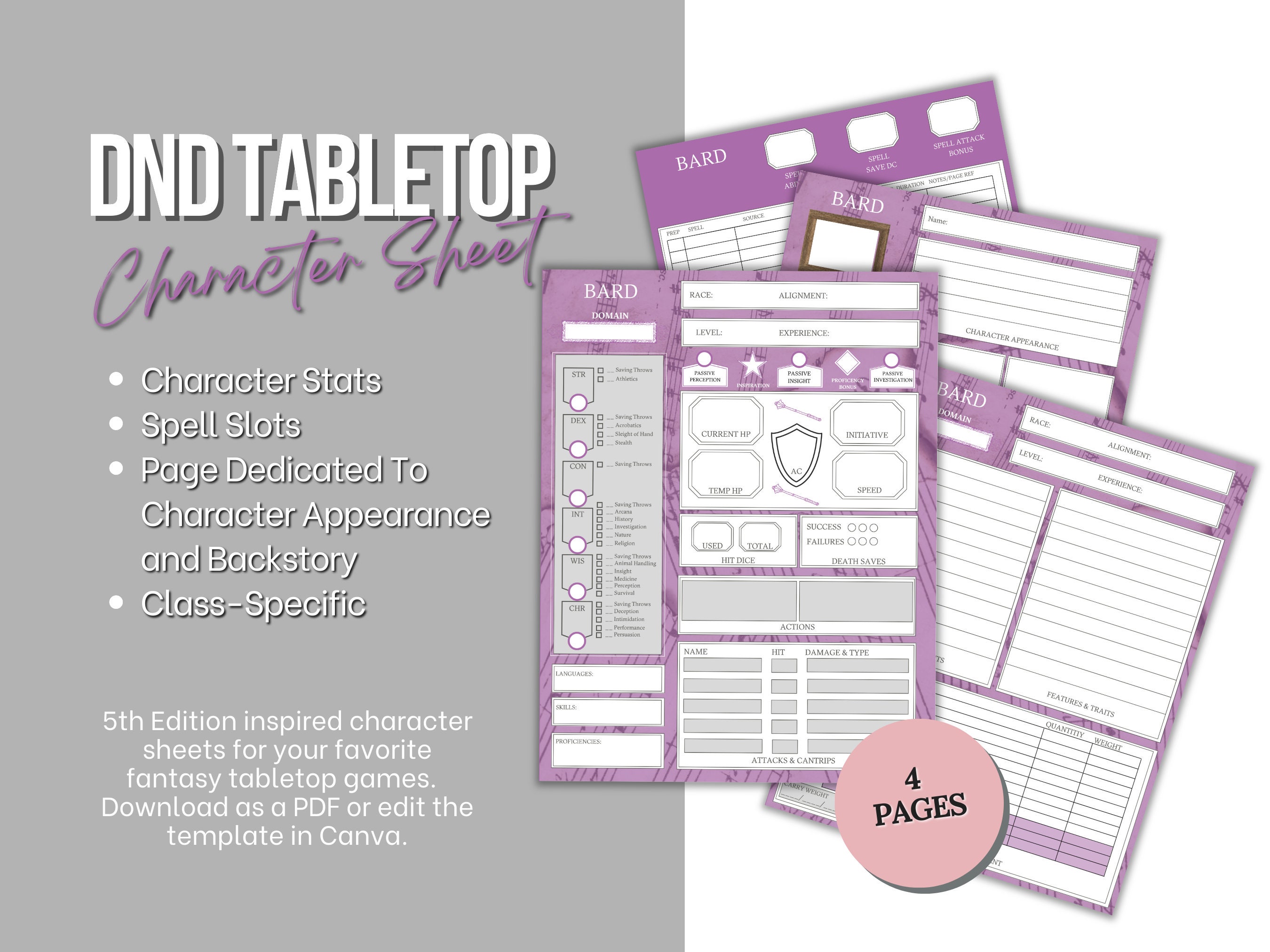 Bard Editable DND 5E Character Sheet Edit in Canva 4 Pages - Etsy
