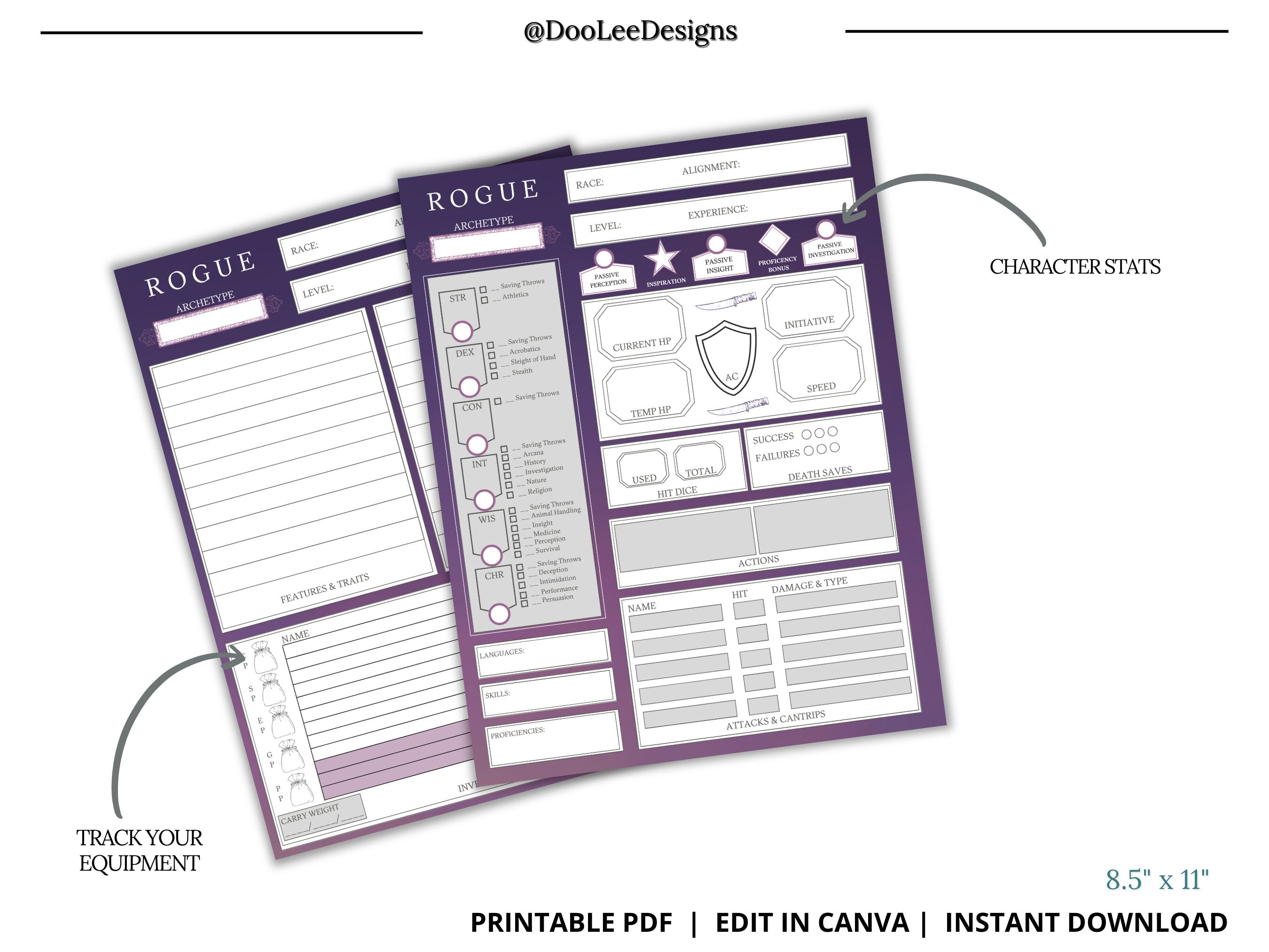 Rogue Editable DND 5E Character Sheet Edit in Canva 4 Pages - Etsy