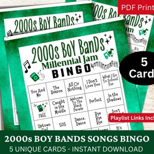 Juego de bingo de canciones de bandas de chicos de los años 2000, 5 cartas, bingo de música milenario Y2K con lista de reproducción, actividad de reunión de los años 2000 para adultos, fiesta de reunión familiar
