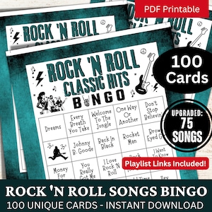 Rock and Roll Classic Songs Bingo 100 carte, Bingo musicale con playlist, Ritorno al passato anni '90, '80, '70, '60, '50, gioco di successi per famiglie anziane, festa in famiglia