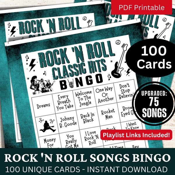 Rock and Roll Classic Songs Bingo 100 Card, Music Bingo with Playlist, Throwback 90s 80s 70s 60s 50s Hits Game Senior Family Party Gathering