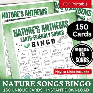 Nature Songs Bingo-Spiel 150 Karten, Earth Day Hymnen, Musikparty-Themen Aktivität, Umweltclub Eisbrecher, Gruppen-Trivia-Hits-Wiedergabeliste