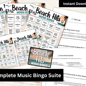 May include: A complete Beach Hits Music Bingo suite featuring multiple printable game cards with song titles and artist names, a call list, an event host checklist, and a printing guide, all displayed with a tropical beach-themed graphic design.