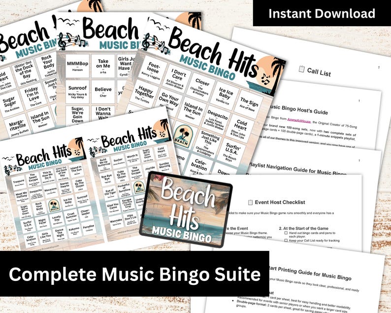 May include: A complete Beach Hits Music Bingo suite featuring multiple printable game cards with song titles and artist names, a call list, an event host checklist, and a printing guide, all displayed with a tropical beach-themed graphic design.