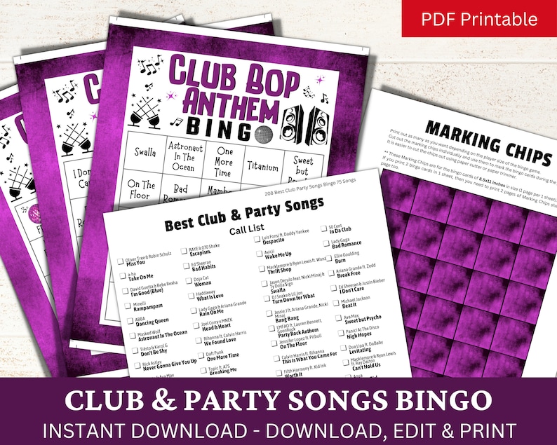 May include: A printable bingo card game with a purple background and black text. The title is "Club Bop Anthem Bingo". The game is based on popular club and party songs. The card includes a call list of songs such as "Despacito", "Wake Me Up", "Bad Romance", "Shake It Off", "Can't Stop the Feeling", "This Is What You Came For", and "Party Rock Anthem".
