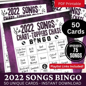 2022 Songs Bingo Game 50 Card, Przyjacielski motyw urodzinowy, Aktywność gromadzenia, Muzyczne bingo z listą odtwarzania dla dorosłych, Noc imprezy rodzinnej