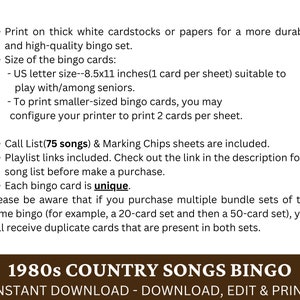 May include: A printable 1980s country songs bingo game. The text "1980s Country Songs Bingo" is in brown text on a brown background. The text "Instant Download - Download, Edit & Print" is in white text on a brown background. The text is in a bold font.