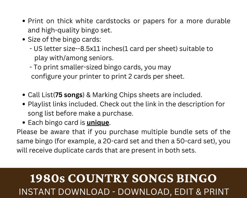May include: A printable 1980s country songs bingo game. The text "1980s Country Songs Bingo" is in brown text on a brown background. The text "Instant Download - Download, Edit & Print" is in white text on a brown background. The text is in a bold font.