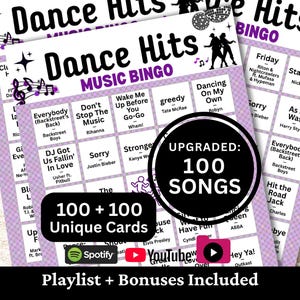 Puede incluir: Juego de Bingo musical Dance Hits con 100 canciones, con un dise&ntilde;o morado y blanco. El juego incluye 100 cartas &uacute;nicas y una lista de reproducci&oacute;n. El texto del juego incluye t&iacute;tulos de canciones y nombres de artistas.