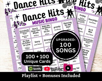 Bingo de éxitos de baile, 100 tarjetas, 100 listas de reproducción de canciones incluidas, fiesta para cantar juntos, juego imprimible en PDF, descarga instantánea.