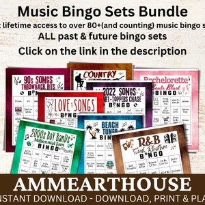 Puede incluir: Una colecci&oacute;n de tarjetas de bingo musical imprimibles con varios temas, que incluyen canciones de los 90, canciones de amor, country, melod&iacute;as de playa, R&B y ritmos de despedida de soltera. Las tarjetas presentan una est&eacute;tica vintage con un fondo de madera marr&oacute;n. El texto "AMMEARTHOUSE" se muestra en la parte inferior de la imagen.