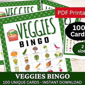 Carte de jeu de bingo 100 légumes, bingo de légumes, activité de fête sur le thème de la nourriture, jeu PDF imprimable pour une alimentation saine, amateurs de jardinage de légumes