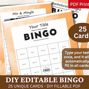25 modèle PDF modifiable de Bingo aquarelle orange, carte de jeu à remplir soi-même, remplissage automatique personnalisé, générateur personnalisé
