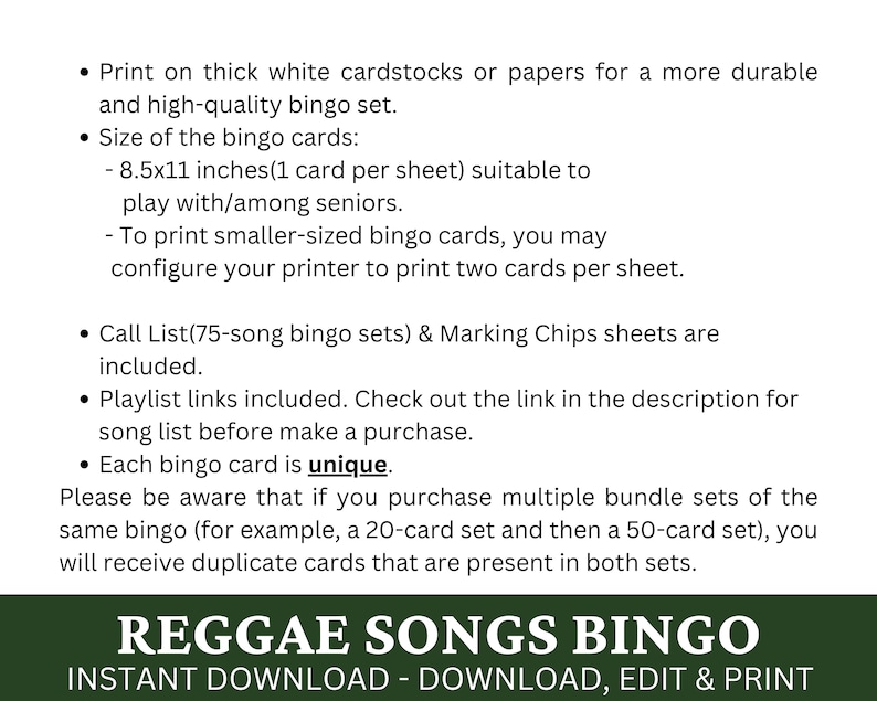 May include: A printable Reggae Songs Bingo game with instructions for printing on cardstock or paper. The game includes 75 songs and marking chips. The text on the image reads "Reggae Songs Bingo Instant Download - Download, Edit & Print".