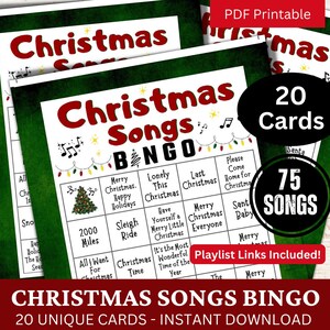 20 tarjetas de bingo con canciones navideñas, las mejores canciones de bingo navideñas con lista de reproducción, divertida actividad para fiestas familiares, juego imprimible para reuniones de trabajo de invierno