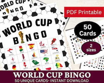 50 World Cup Bingo Game Card for Adult and Kids, Country Map Flag Set, Printable Soccer Watch Party Activity, Football Match, Qatar Game PDF