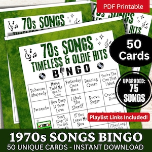 Bingo con canzoni degli anni '70, 50 carte, attività per feste musicali anni '70 con playlist, gioco stampabile per serate in famiglia, bingo per feste di compleanno per anziani