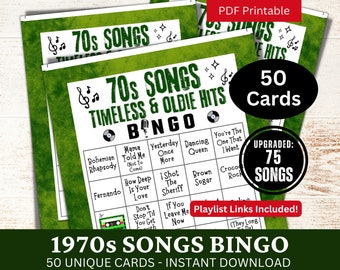 Bingo de canciones antiguas de los años 70, 50 cartas, actividad de fiesta musical de los años 70 con lista de reproducción, juego imprimible de reunión nocturna familiar, bingo de fiesta de cumpleaños para personas mayores