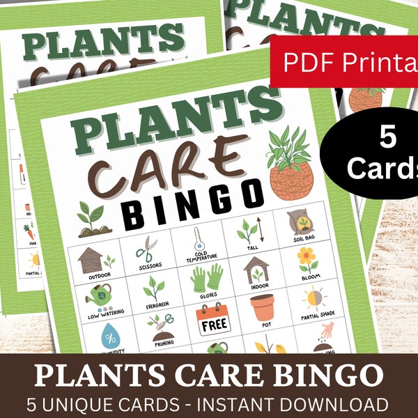 5 Plants Care Bingo Game Card, Gardening Theme Activity, Fun Springtime Holiday Party, Summer Outdoor Hobby Club PDF Games, Earth Day