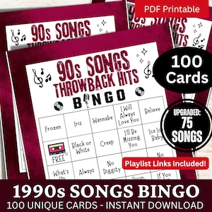 Juego de bingo de 100 cartas con canciones de los años 90, actividad de fiesta musical atemporal, juego imprimible para reuniones familiares nocturnas, PDF de cumpleaños para amantes de lo retro
