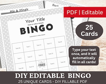 25 Editable Bingo Template PDF, DIY Fillable Bingo Game Cards, Pastel Gray Custom Automatically Fill, Personalized Make Your Own Generator