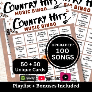 Country Hits Music Bingo, 50 Cards, 100 Songs Playlists Included, Printable PDF, Instant Download