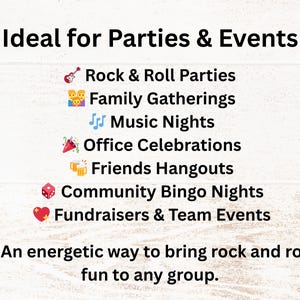 Ideal for rock and roll parties, family gatherings, music nights, office celebrations, friends’ hangouts, community bingo nights, fundraisers, and team events. Perfect for adding lively rock and roll fun to any group activity.