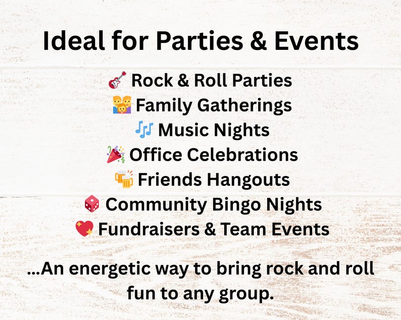 Ideal for rock and roll parties, family gatherings, music nights, office celebrations, friends’ hangouts, community bingo nights, fundraisers, and team events. Perfect for adding lively rock and roll fun to any group activity.