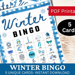 5 carte da gioco acquerello Bingo invernale per adulti e bambini, pacchetto di attività per feste natalizie, pacchetto famiglia natalizio blu stampabile, PDF della stagione natalizia