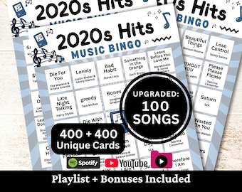 Bingo musicale dei successi degli anni 2020, 400 cartelle, playlist di 100 brani incluse, gioco PDF stampabile, download immediato