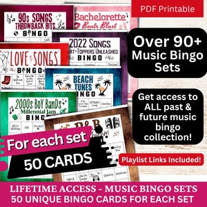 Paquete de juegos de bingo musical: 50 cartones de bingo únicos, TODOS los juegos de bingo musical pasados y futuros, acceso a Google Drive, bingo musical con lista de reproducción