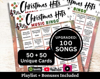 Bingo delle canzoni di Natale con 50 carte, Bingo delle migliori canzoni di Natale con playlist, Attività divertente per le feste in famiglia, Gioco di raccolta di lavoro invernale stampabile