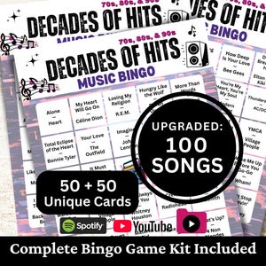 May include: A Decades of Hits Music Bingo game kit featuring 70s, 80s, and 90s song titles on grid cards. The cards include text for 100 songs, 50 plus 50 unique cards, and logos for Spotify, YouTube, and a play button. The design has musical notes.